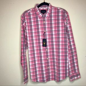 Lucky Brand Saturday stretch pink/gray/white Plaid Button-down NWT